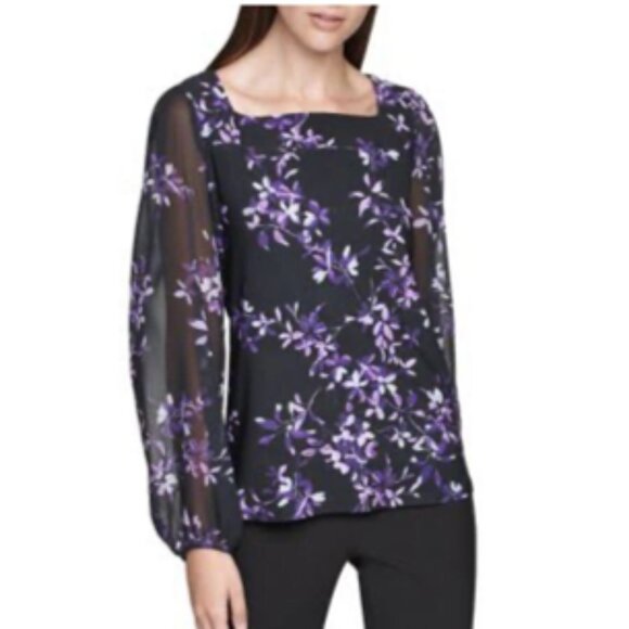 Calvin Klein Floral Square Neck Sheer Sleeves Top Black Purple Size Medium EUC - Picture 6 of 6